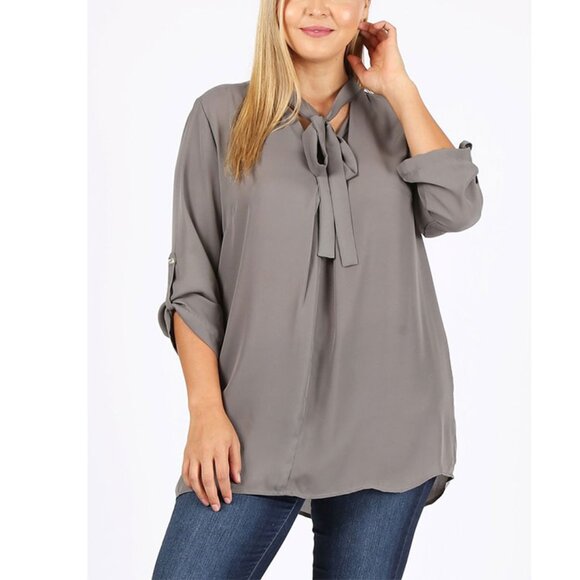 NEW Wool Dobby Plus-size women blouse - V-neck line with tie women top Gray - Picture 1 of 3